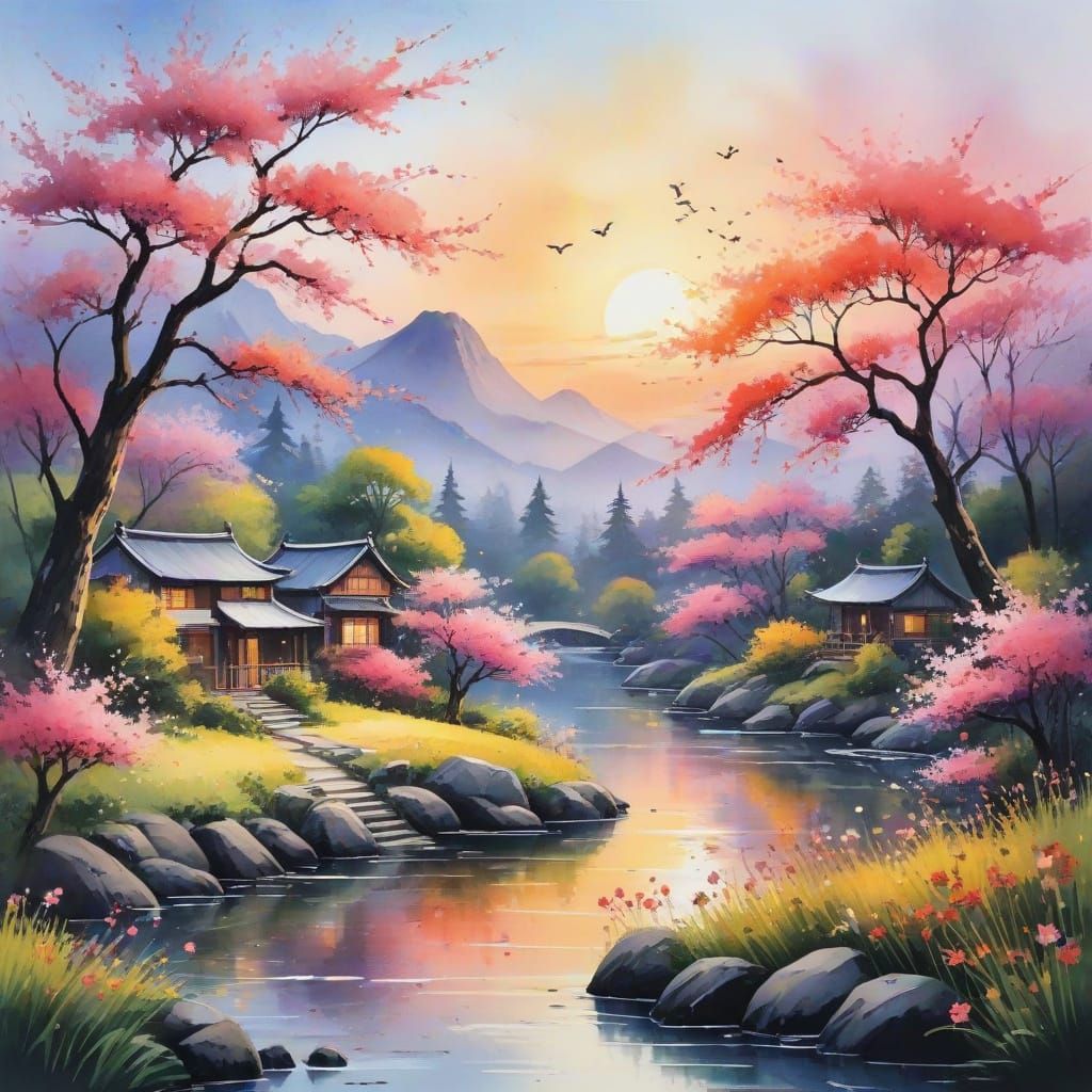 Whimsical Watercolour Sunrise with Blossoming Wildlife