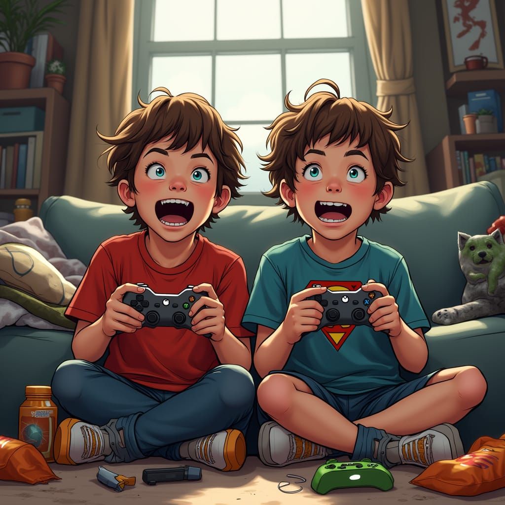 Excited Twin Boys Play Minecraft on Xbox in a Hyper-Realisti...