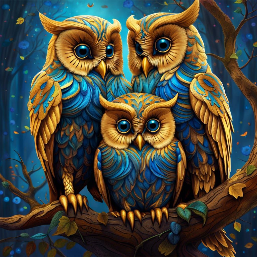 Golden Baby Owls with Blue Swirls
