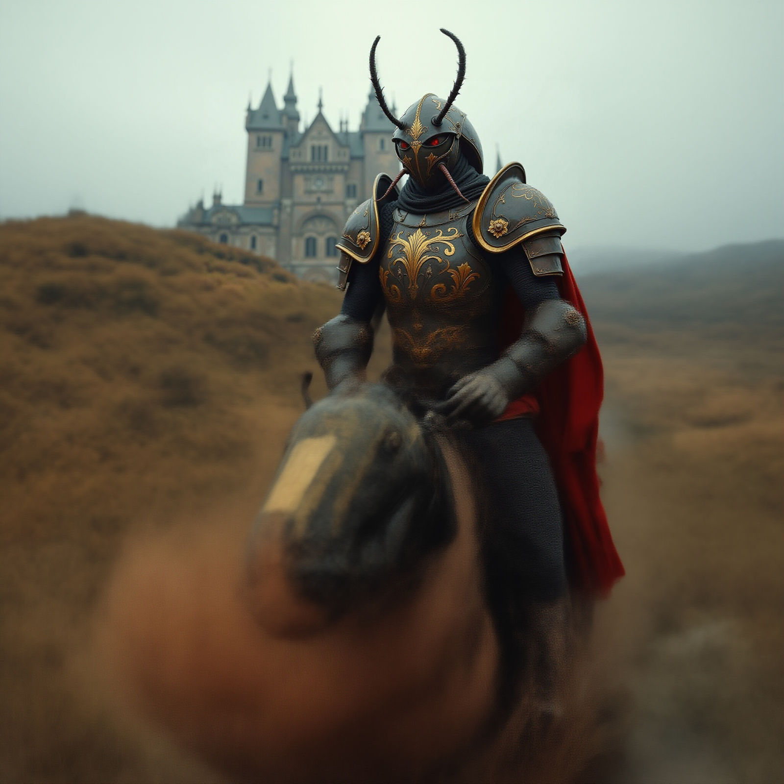 Cockroach Knight in Majestic Armor Before Grand Castle