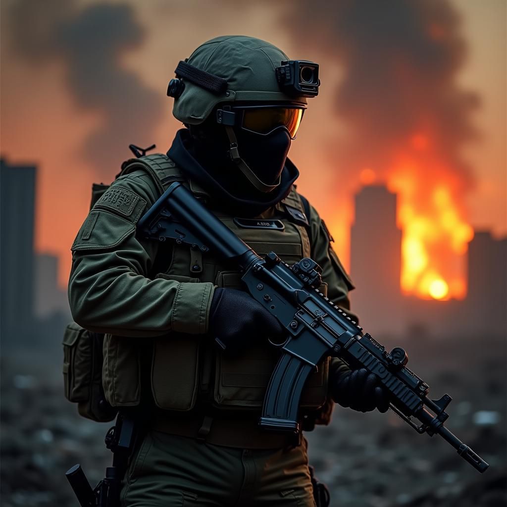 Soldier in Ghost Mask Amidst Burning Cityscape