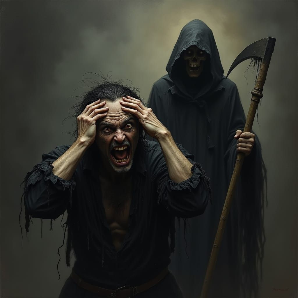 Madman Haunted by Grim Reaper in Macabre, Horror Scene