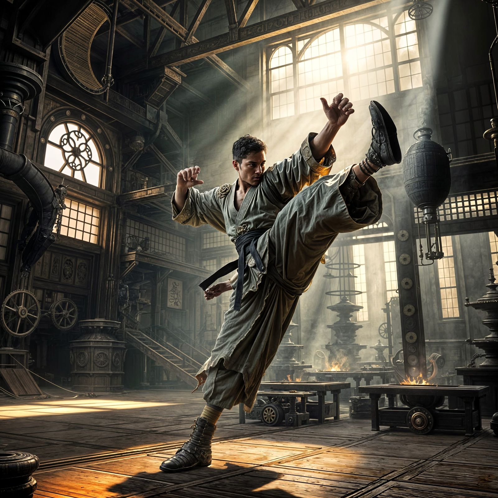 Steampunk Martial Artist Training in Elaborate Dojo