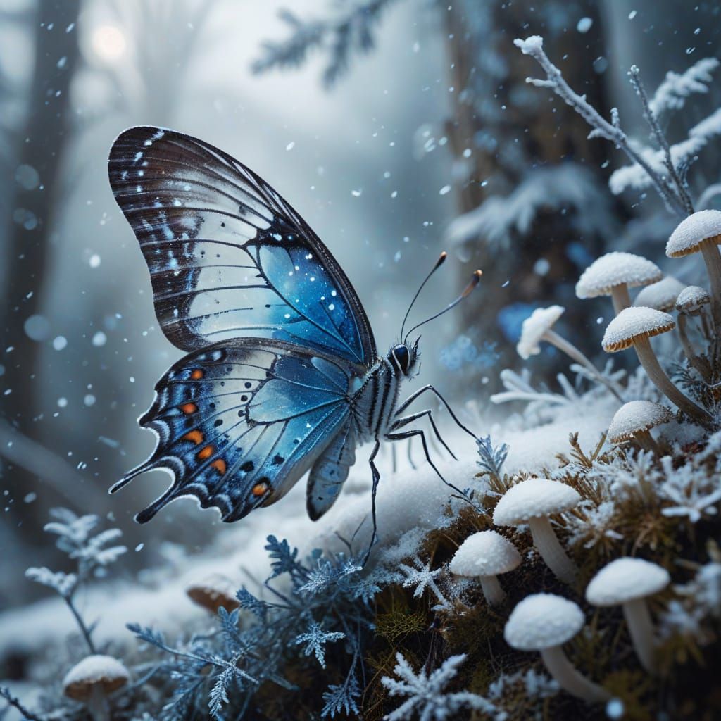 Ethereal Butterfly Double Exposure with Winter Fantasy World