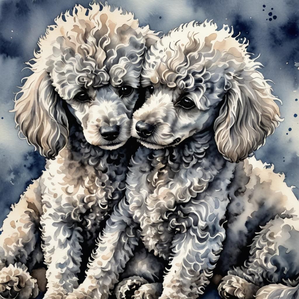 Silver Poodle Snuggles: A Watercolor Painting