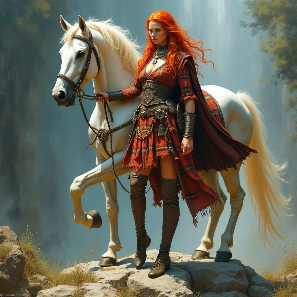 Victorious Scottish Warrior with White Horse, Fantasy Art