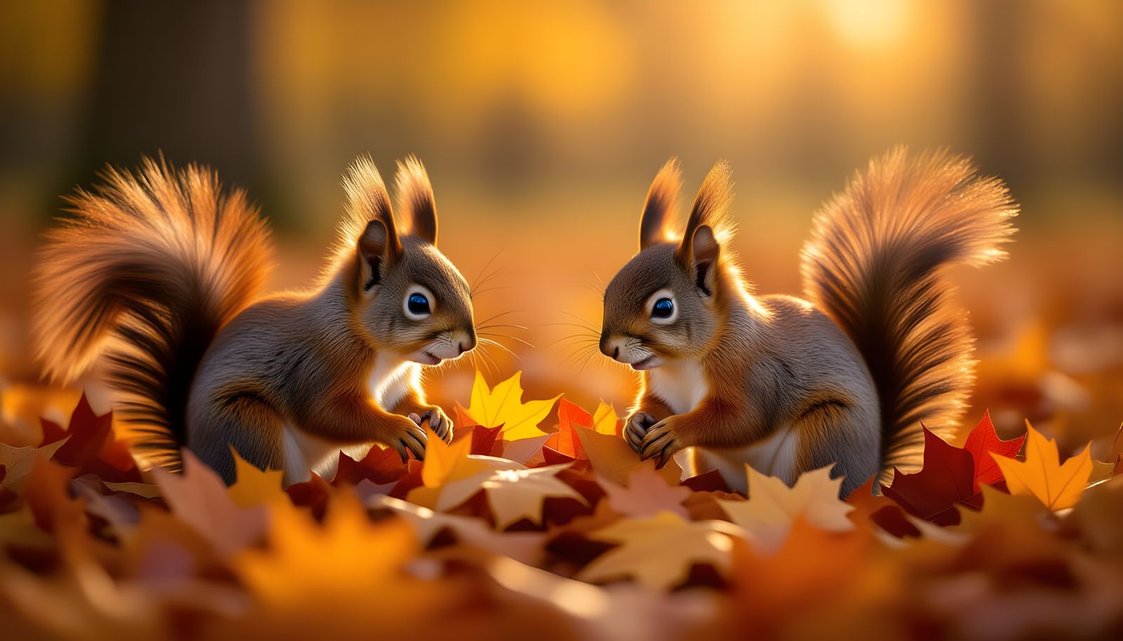 Red Squirrels Foraging in Autumn Leaves