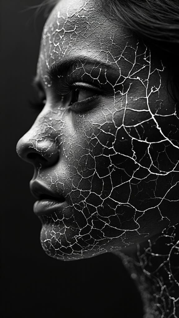 Monochromatic Portrait: Survivor in Cracked Black Glass