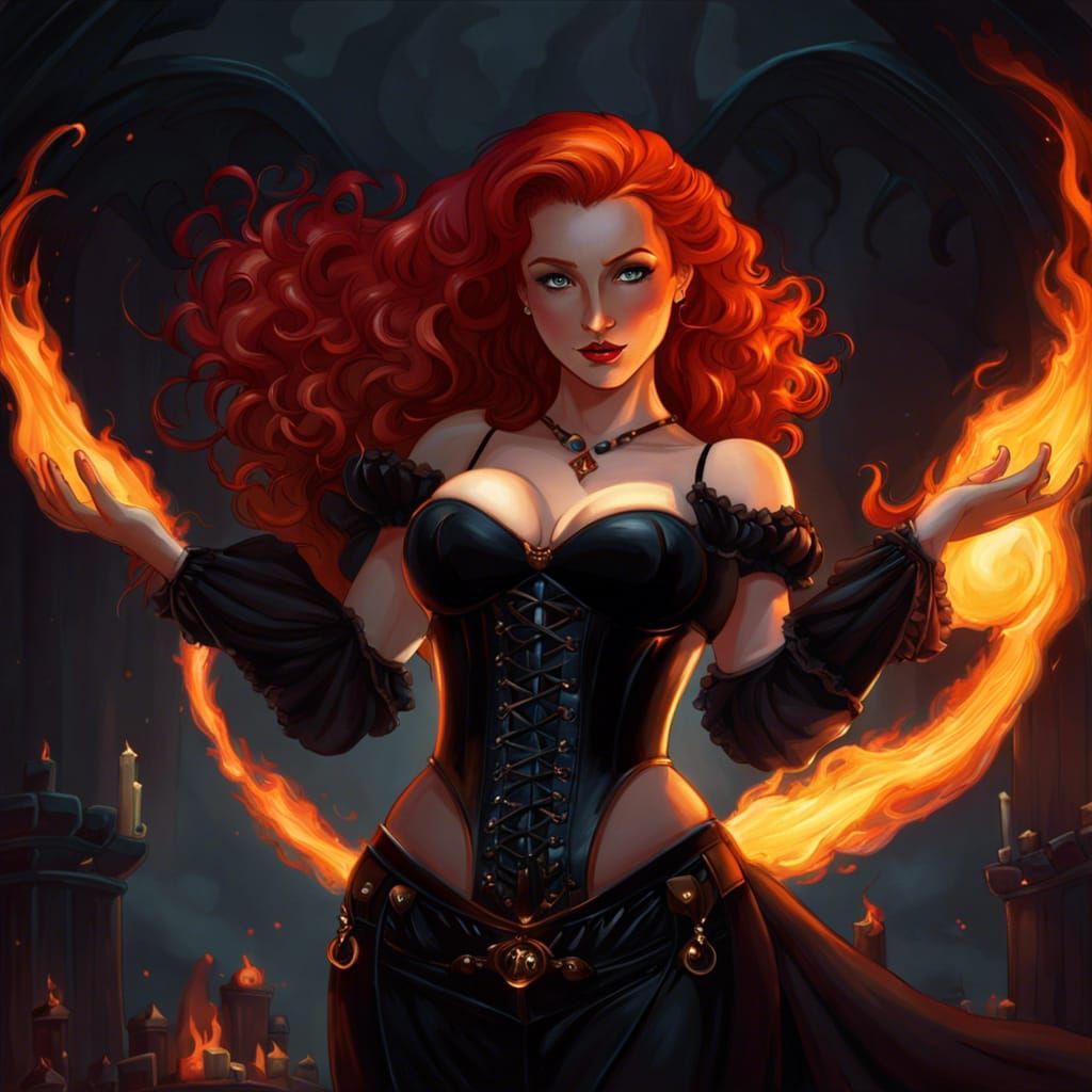 Redheaded Vampire Surrounded by Fire at Night