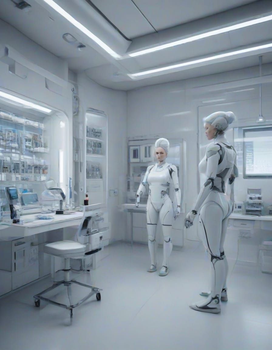 Two Female Robots in a Futuristic Medical Laboratory