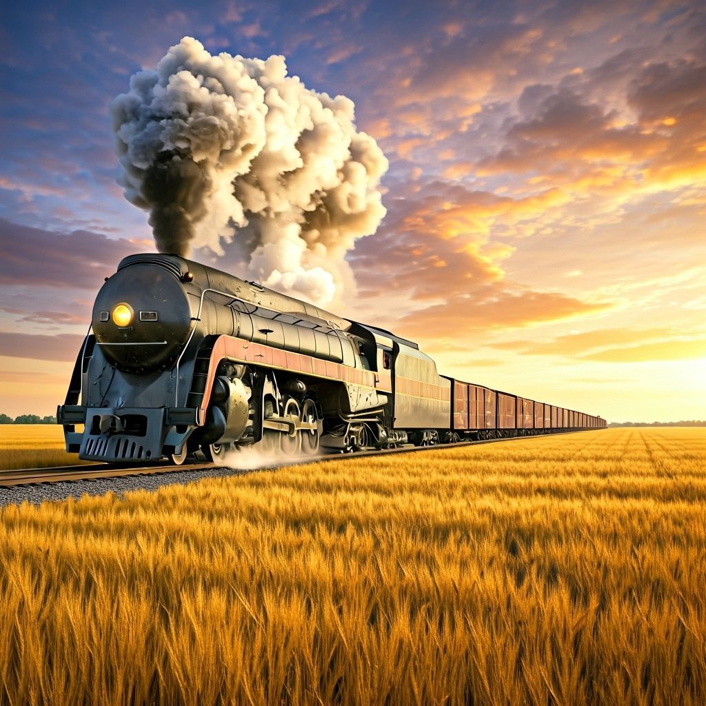 Vintage Steam Train in Golden Wheat Field at Sunset
