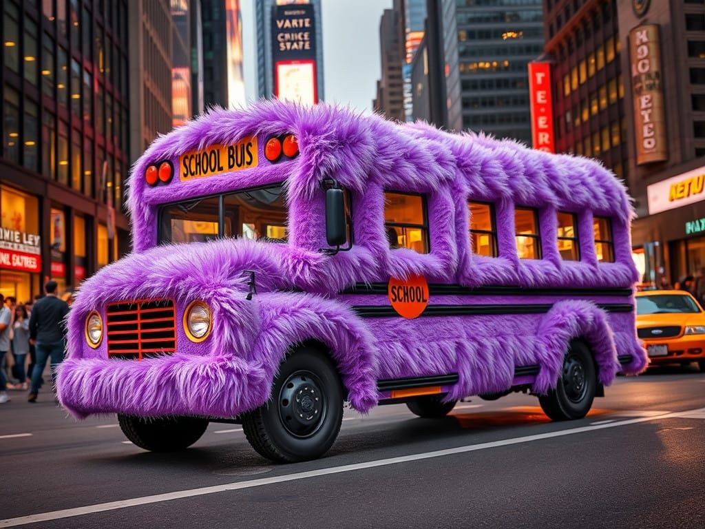 Whimsical Purple School Bus in a Bustling City