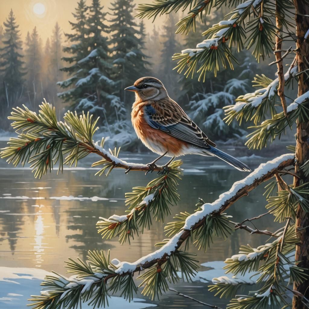 Bird on Snowy Branch, Oil Painting Landscape
