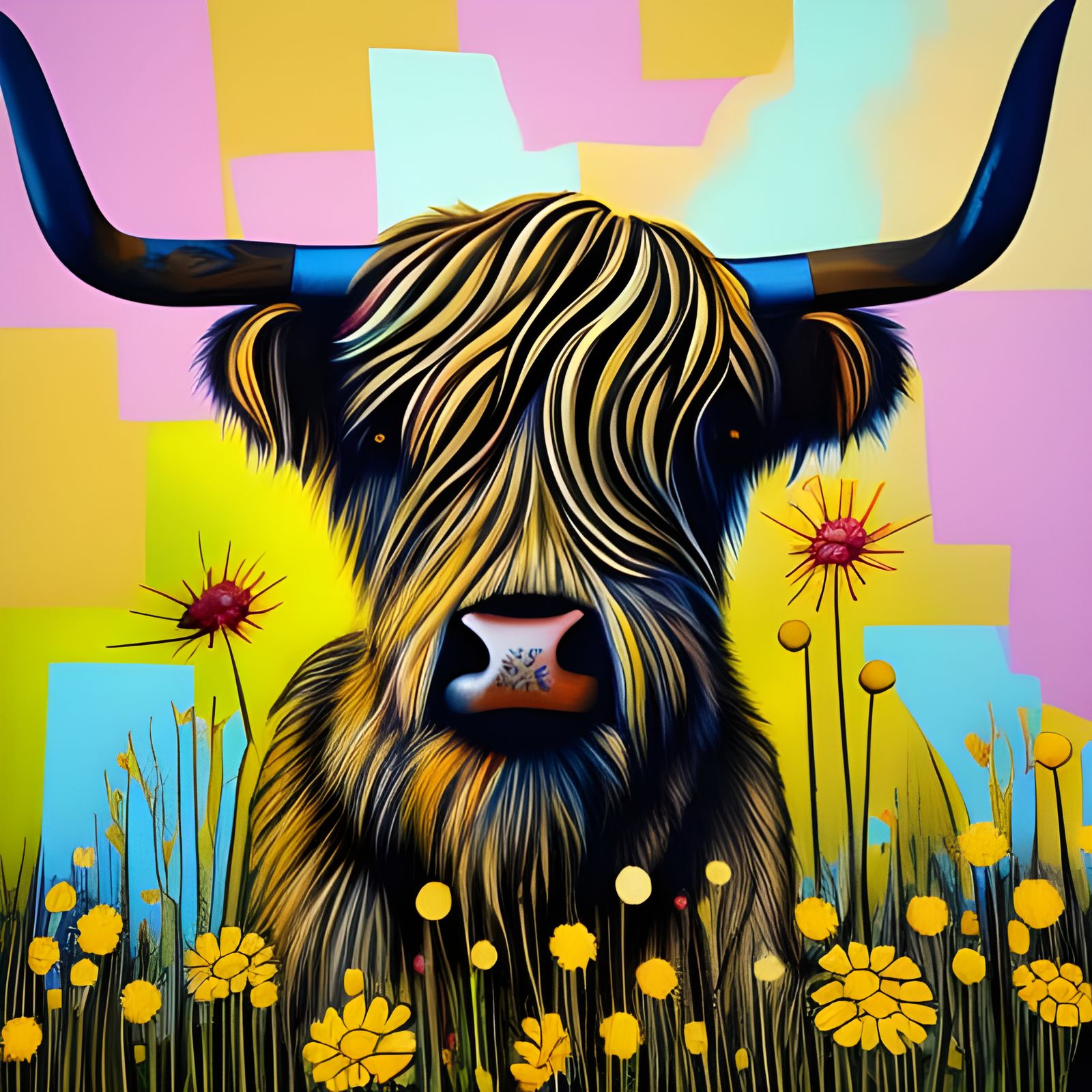 Cubist Highland Cow in Floral Meadow