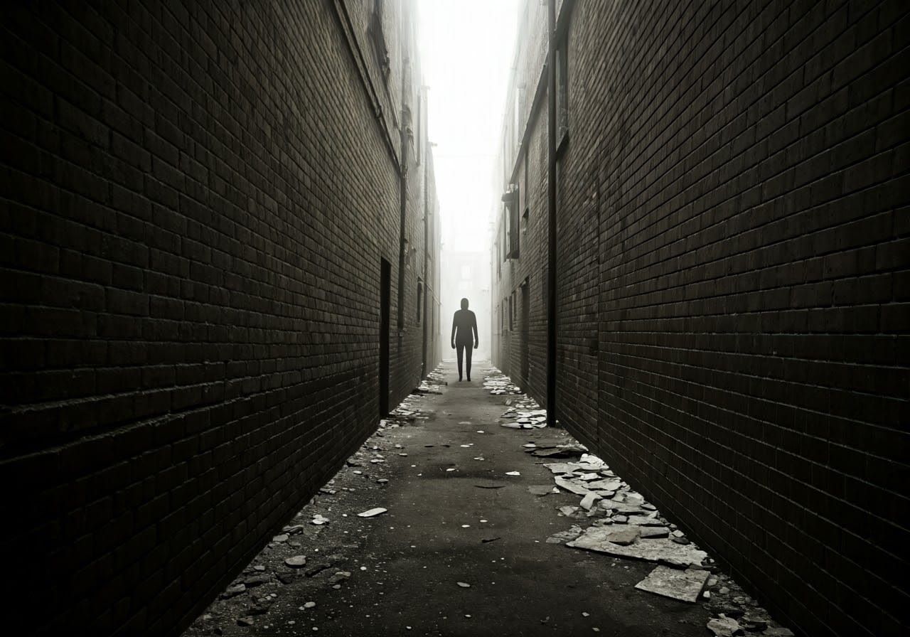 Eerie Back Alley Figure in Surreal Horror Style