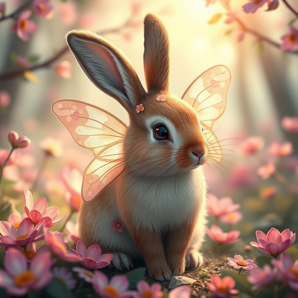 Butterfly Rabbit in Whimsical Forest: Dreamy Floral Art