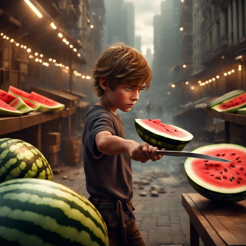 Boy Slicing Watermelon with Katana: Digital Matte Painting