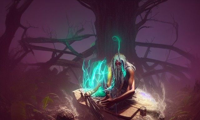 Ominous Voodoo Priest Stirring Cauldron: Hyperrealistic Digi...