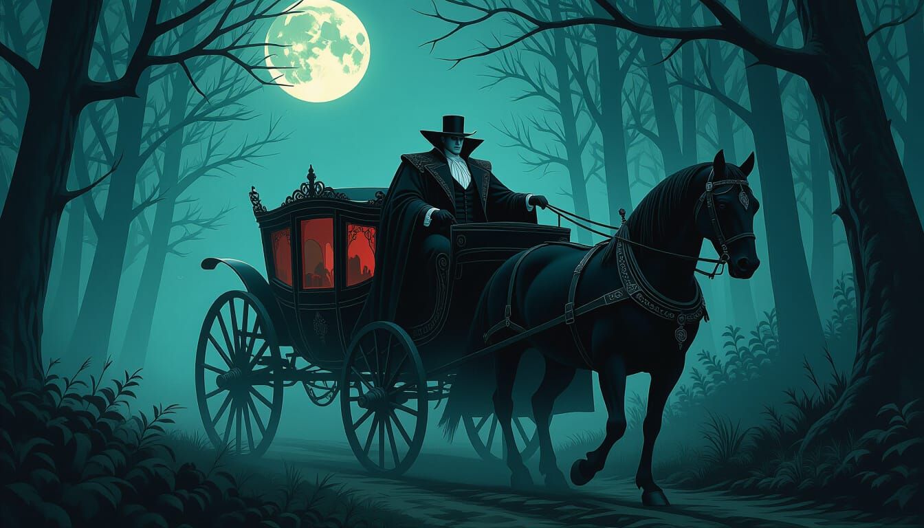 Dracula's Carriage in Misty Forest Moonlight