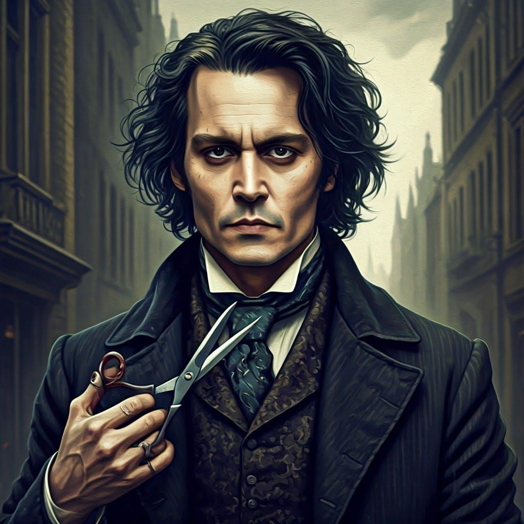 (((Johnny Depp as Sweeney Todd))) (((holding scissors ✂️🩸🖤))) Victorian London, macabre hyperdetailed Oil Painting, Wa...