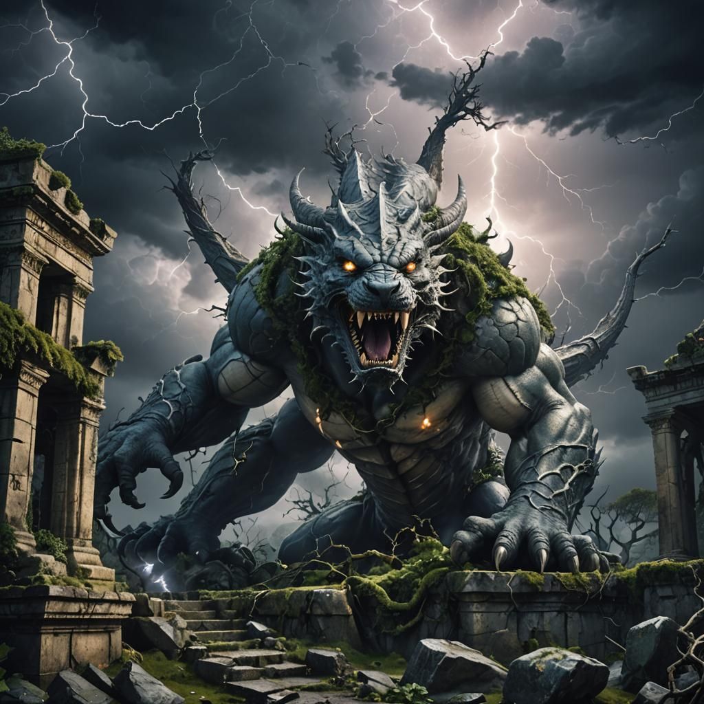 Gigantic Typhon Looms Over Ruined Landscape