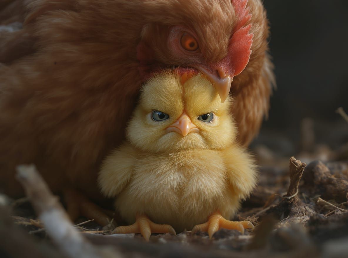 Adorable Chick Protected by Mother Hen