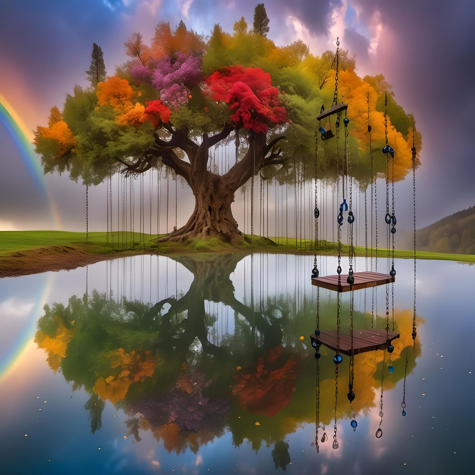 Hyperreal Symmetrical Heavenly Garden with Rainbow Swings