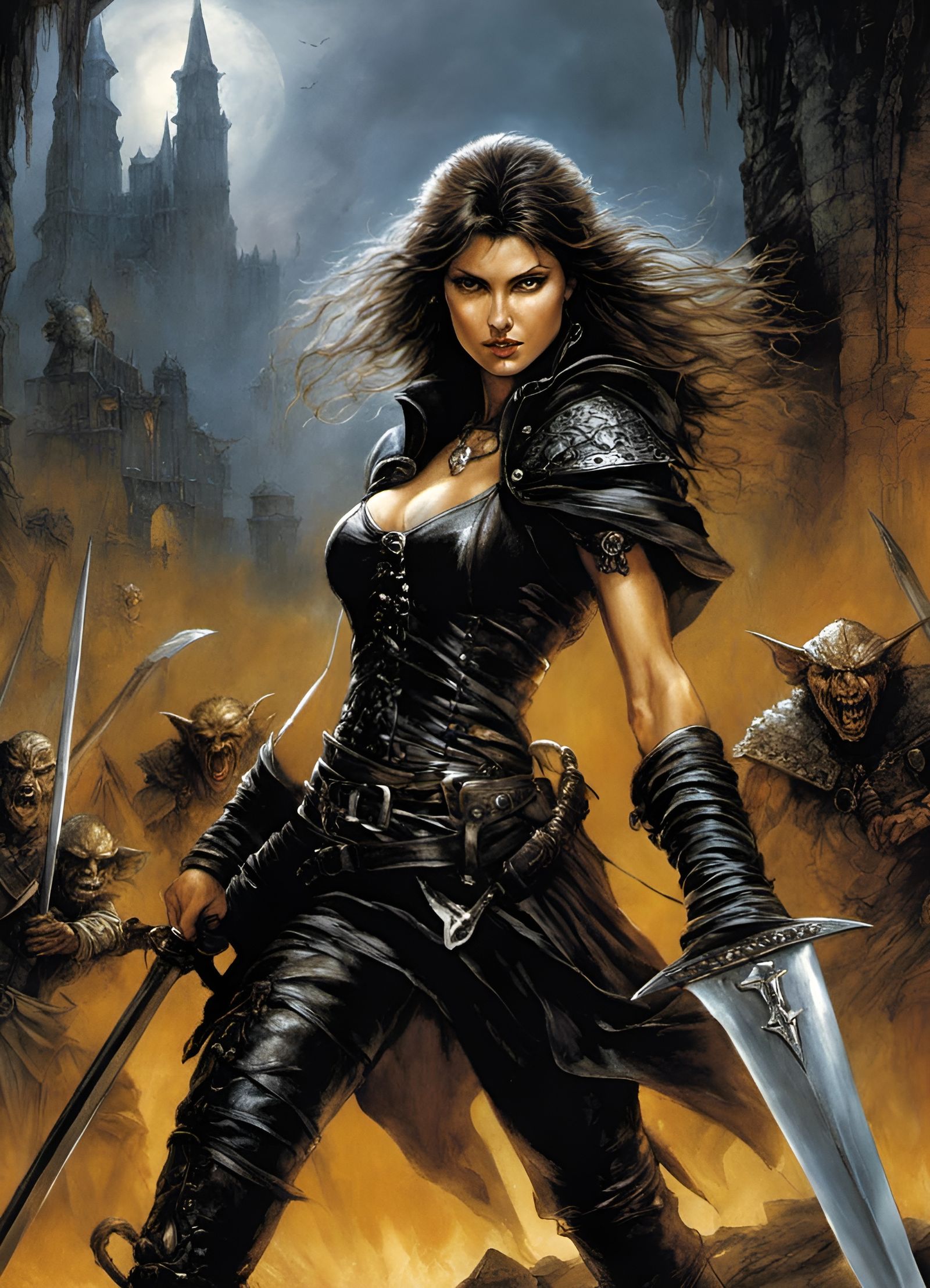 Adventuress Fighting Goblins in Dark Fantasy Style