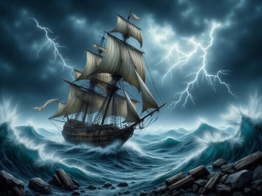 Lone Ship Battles Stormy Seas Under Lightning Sky