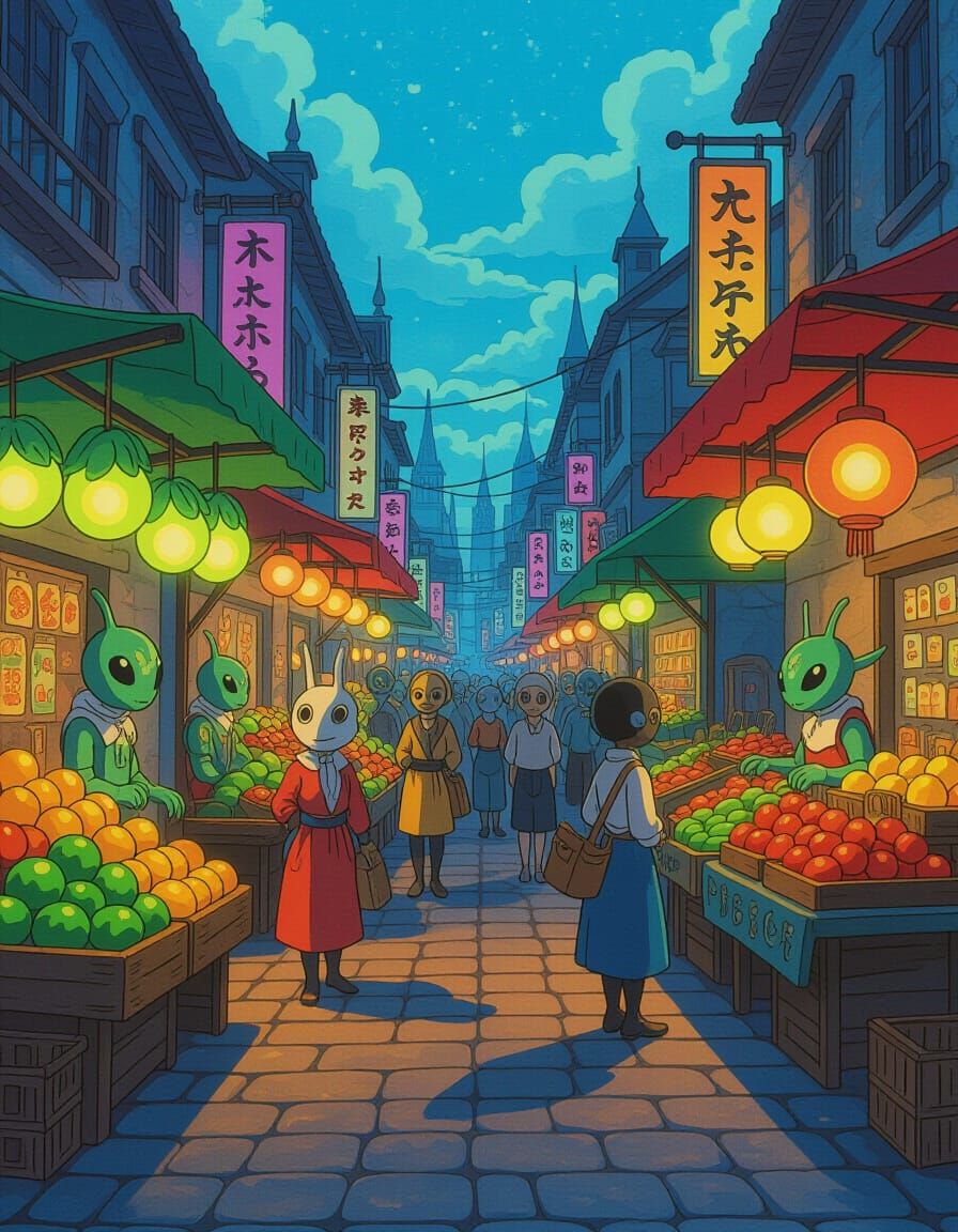 Vibrant Alien Street Market in Fantasy Style