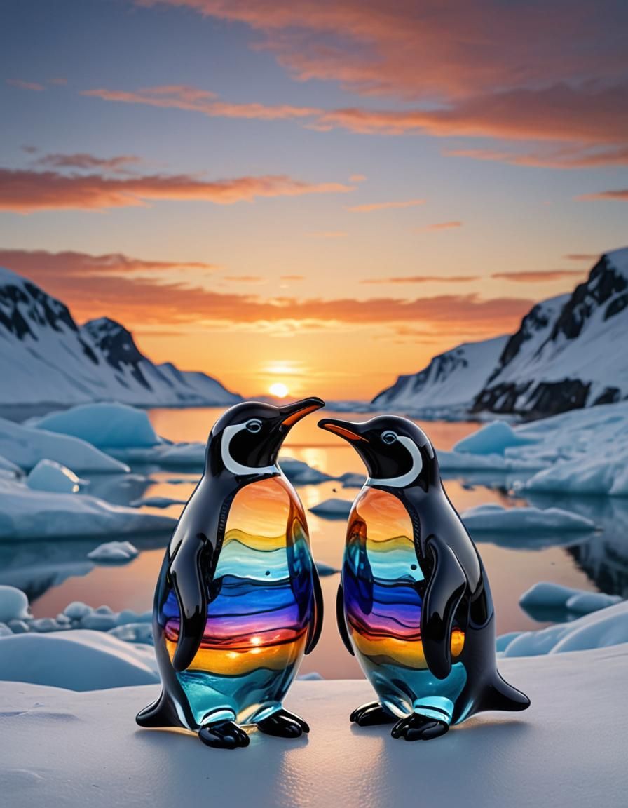 Blown Glass Penguins at Arctic Sunset