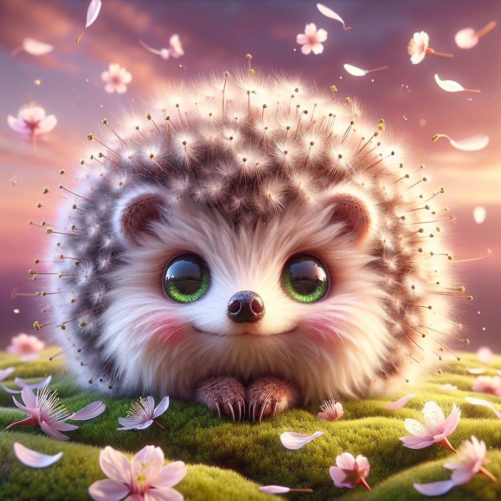 Dandelion Hedgehog with Dewdrops: Hyper-Realistic Digital Ar...