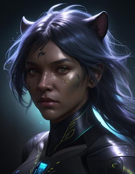 bioluminiscent aesthetic, female human panther hybrid in a s...