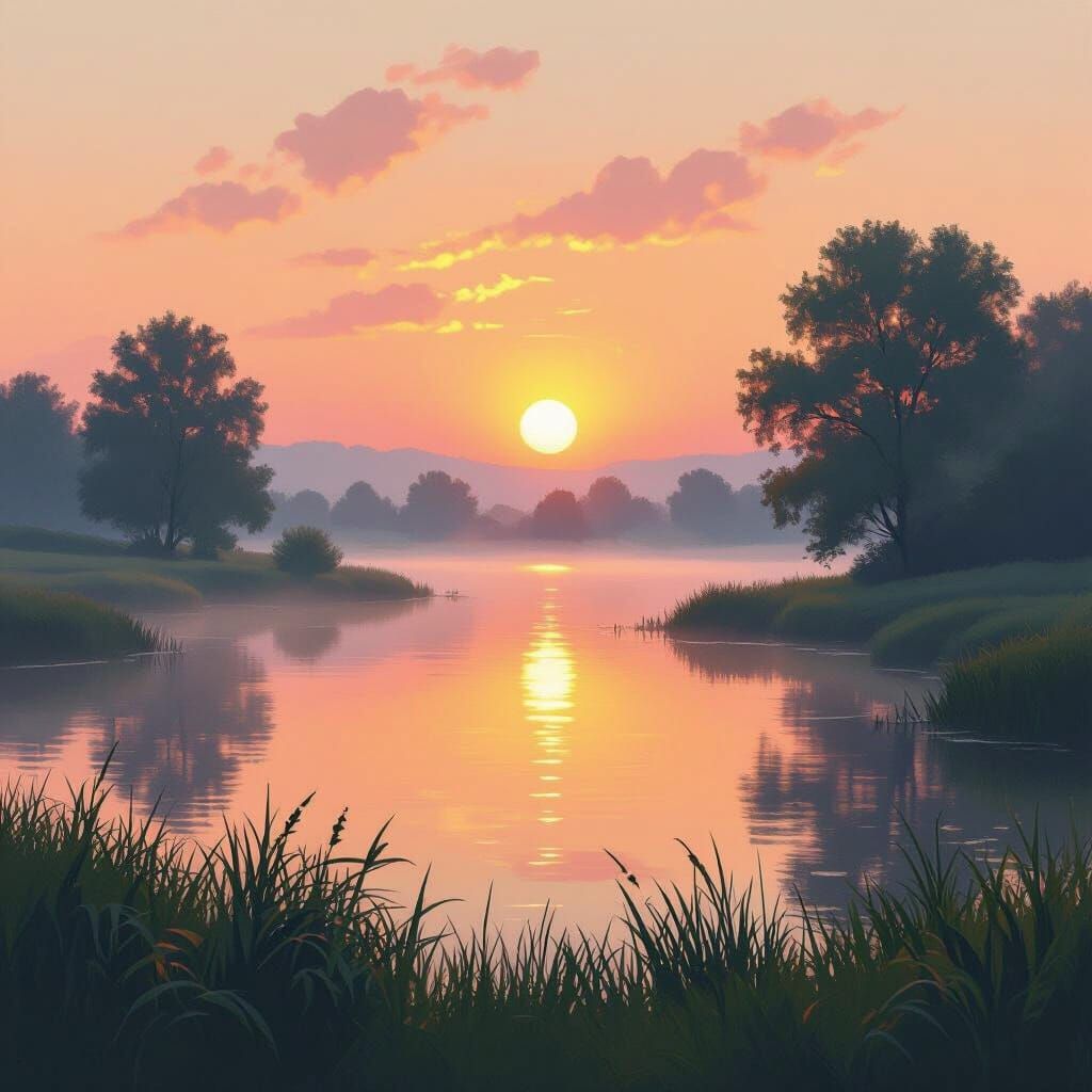 Golden Sunrise Landscape in Impressionist Pop Art Style