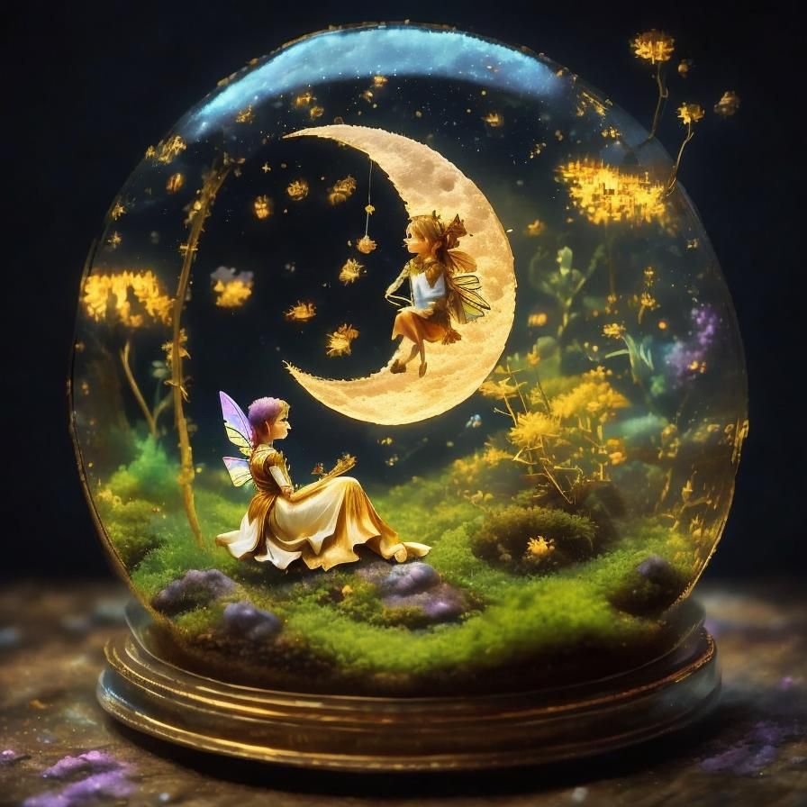 Fairy in Golden Moon Terrarium: Fantasy Concept Art