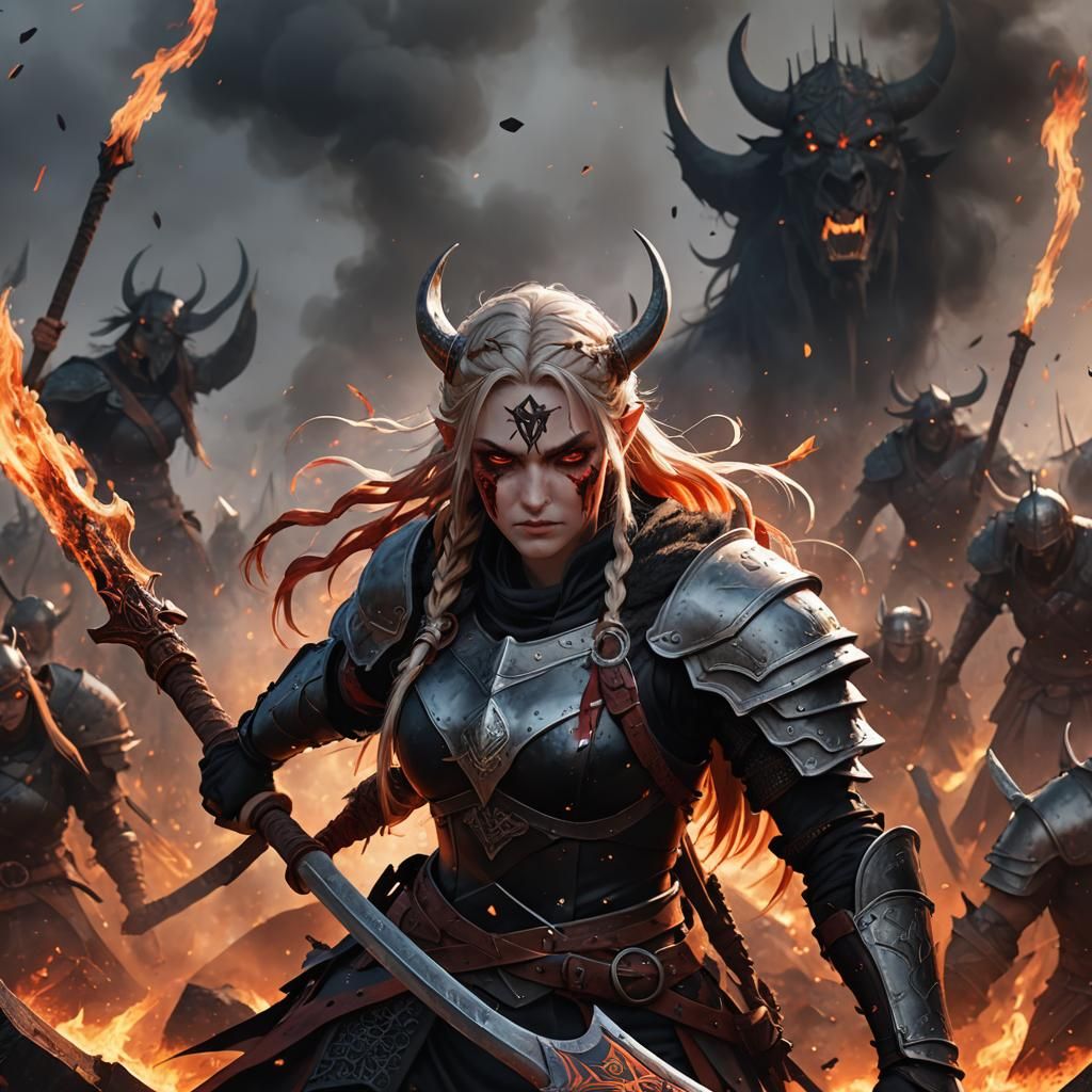 Gothic Anime Viking Warrior on Fiery Battlefield