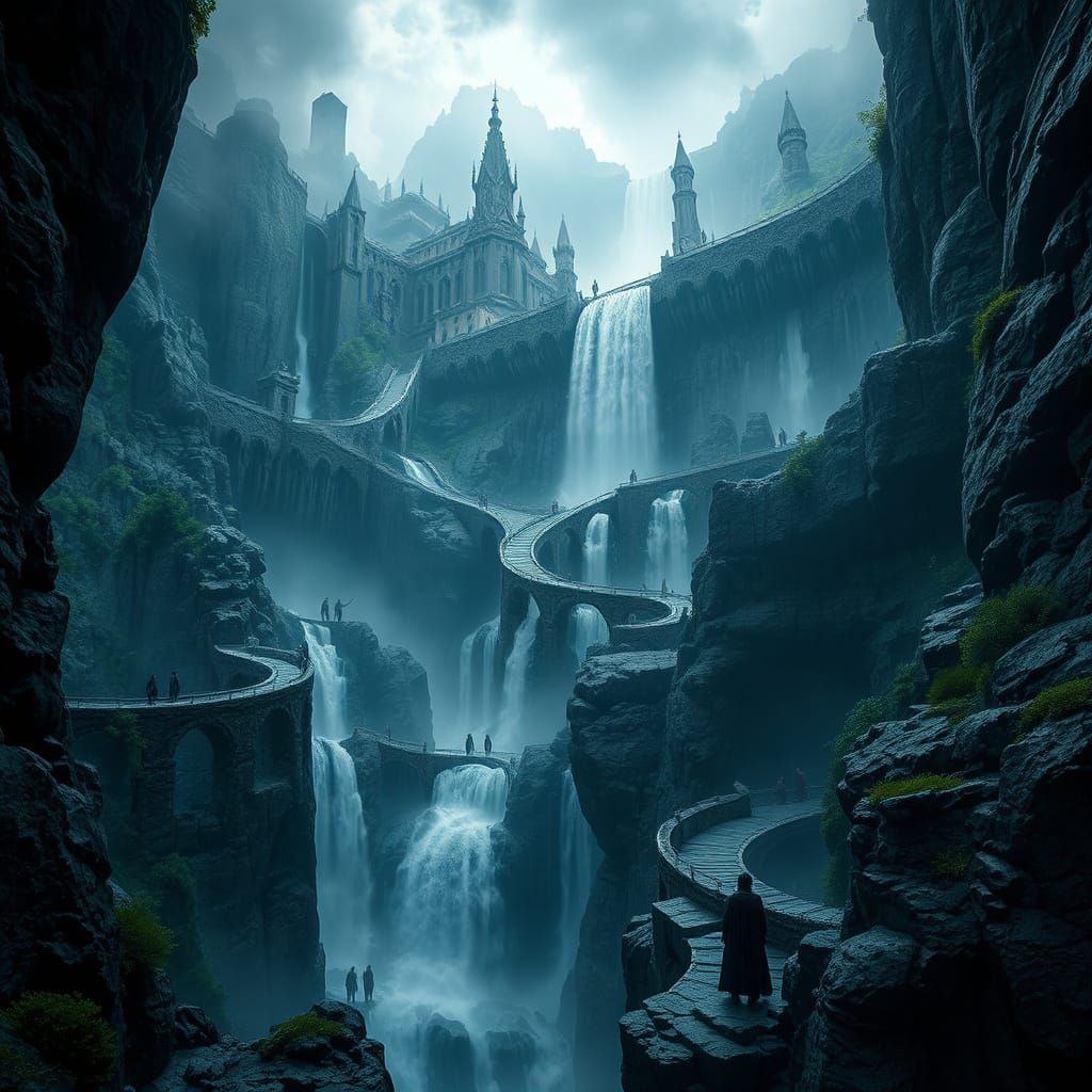 Dark Elf City by Waterfall, Art Nouveau Style