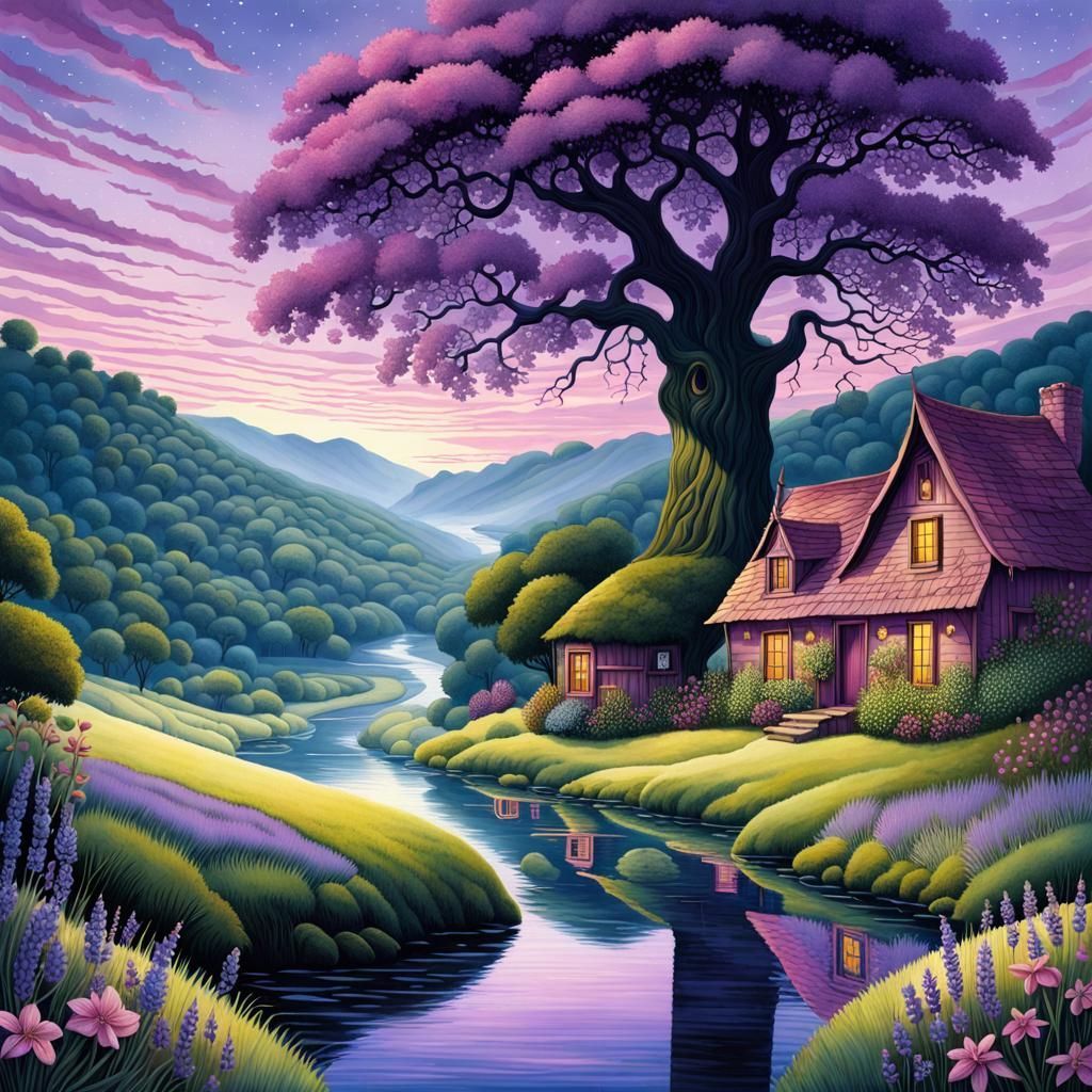 Summer Landscape Cottage in Art Brut Watercolor Style