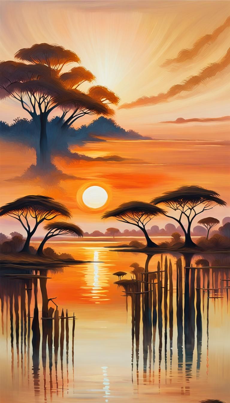 Surreal landscape. Medium shot. An African landscape with a ...