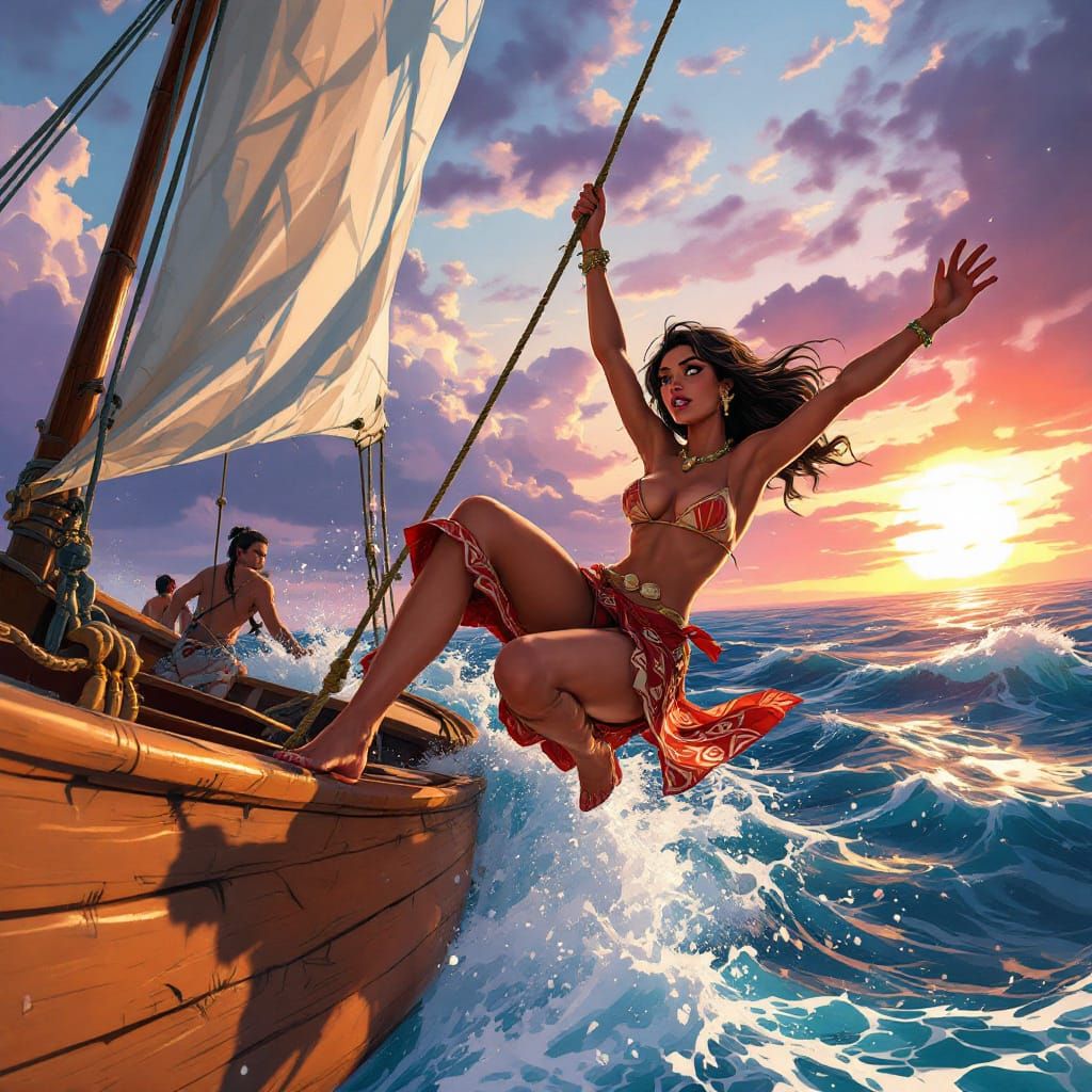 Adventurous Polynesian Woman Swings from Canoe