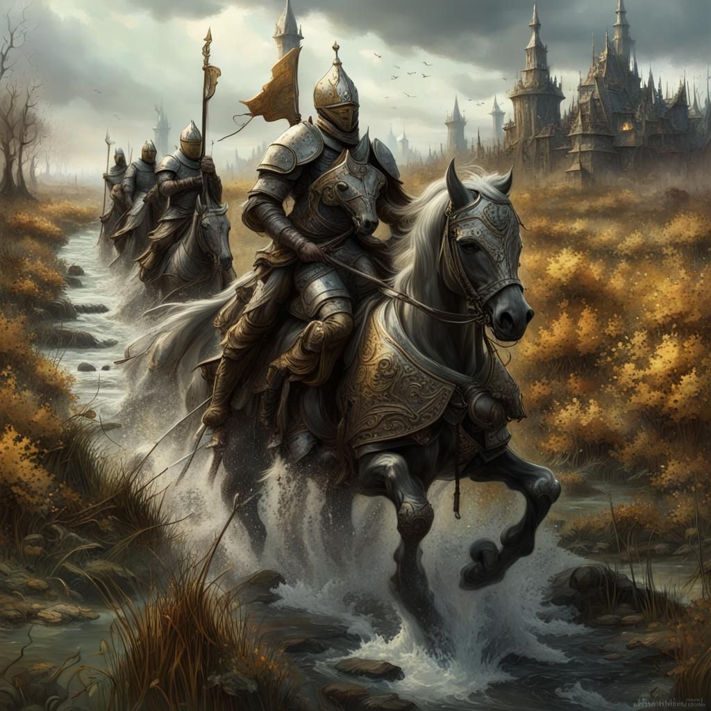 Knights Attack Train in Ancient Bog: Maximalist Art