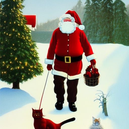 Charming Christmas Stroll with Santa, Gouache Painting