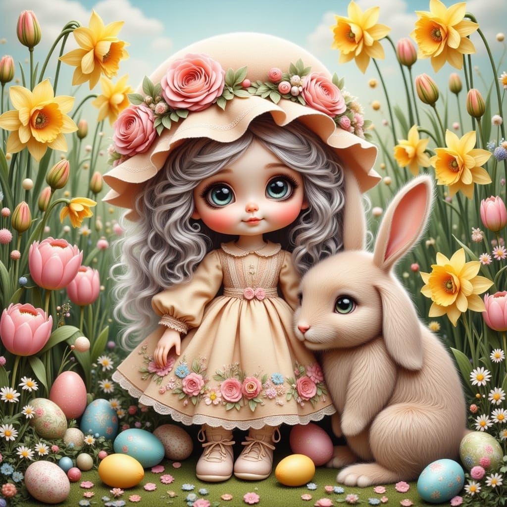 Whimsical Easter Doll in a Vibrant Garden