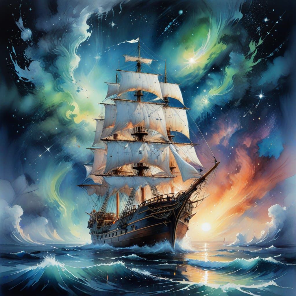 Stardust Ship Sailing Through Aurora Sky in Watercolour Styl...