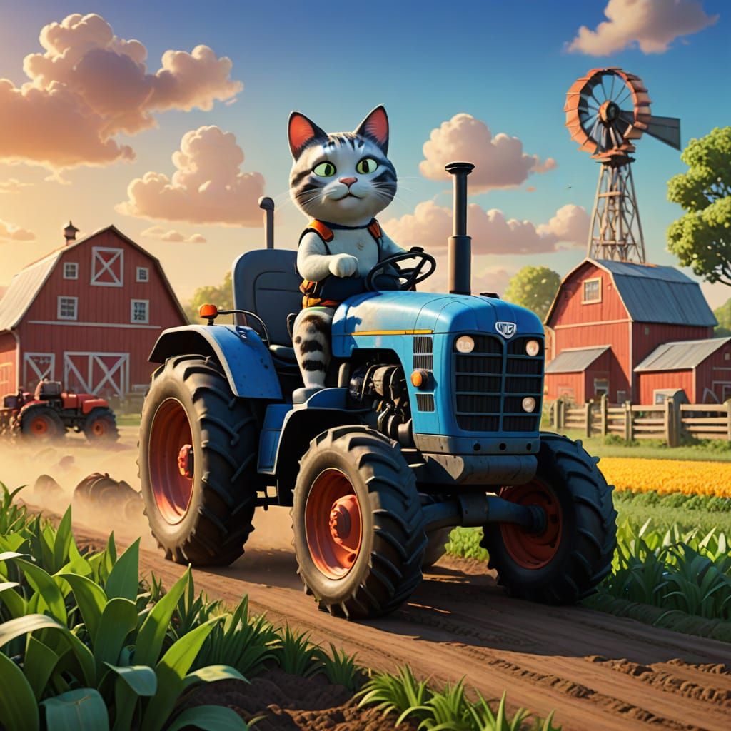 Cat Drives Tractor: 3D Digital Art