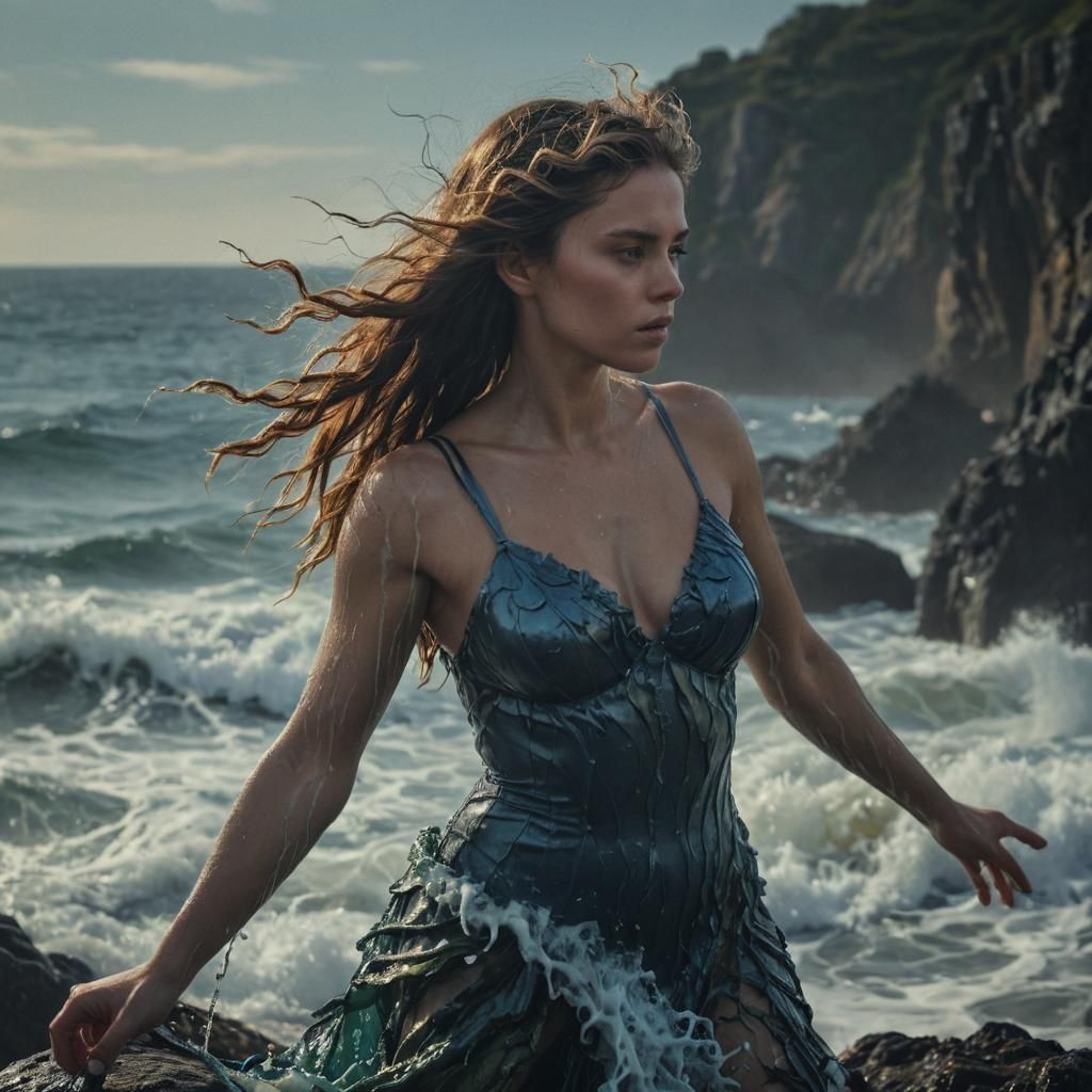Ocean Goddess on Rocky Coast in Cinematic Style