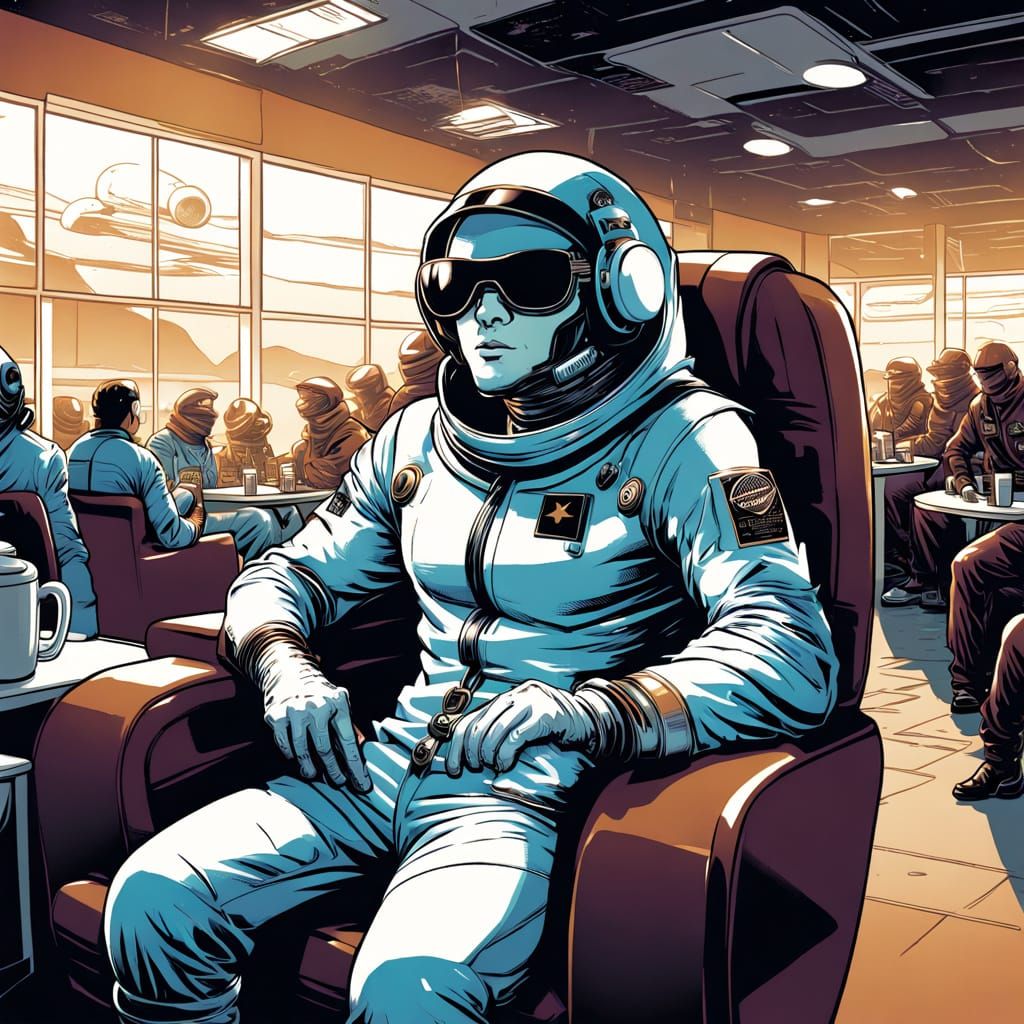 Caffeine Spaceman Waits for Flight in Comic Style