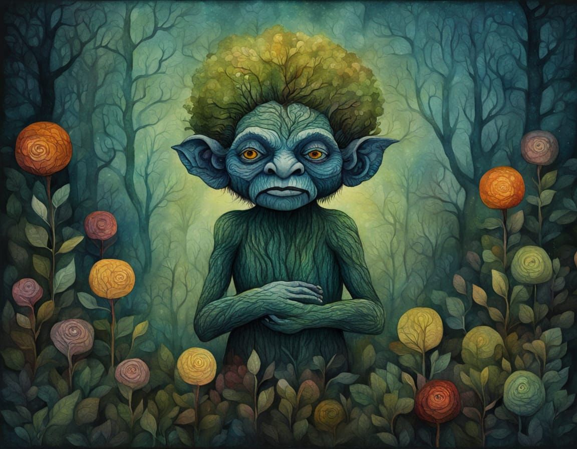 Tree Troll in Night Garden, Gouache Style