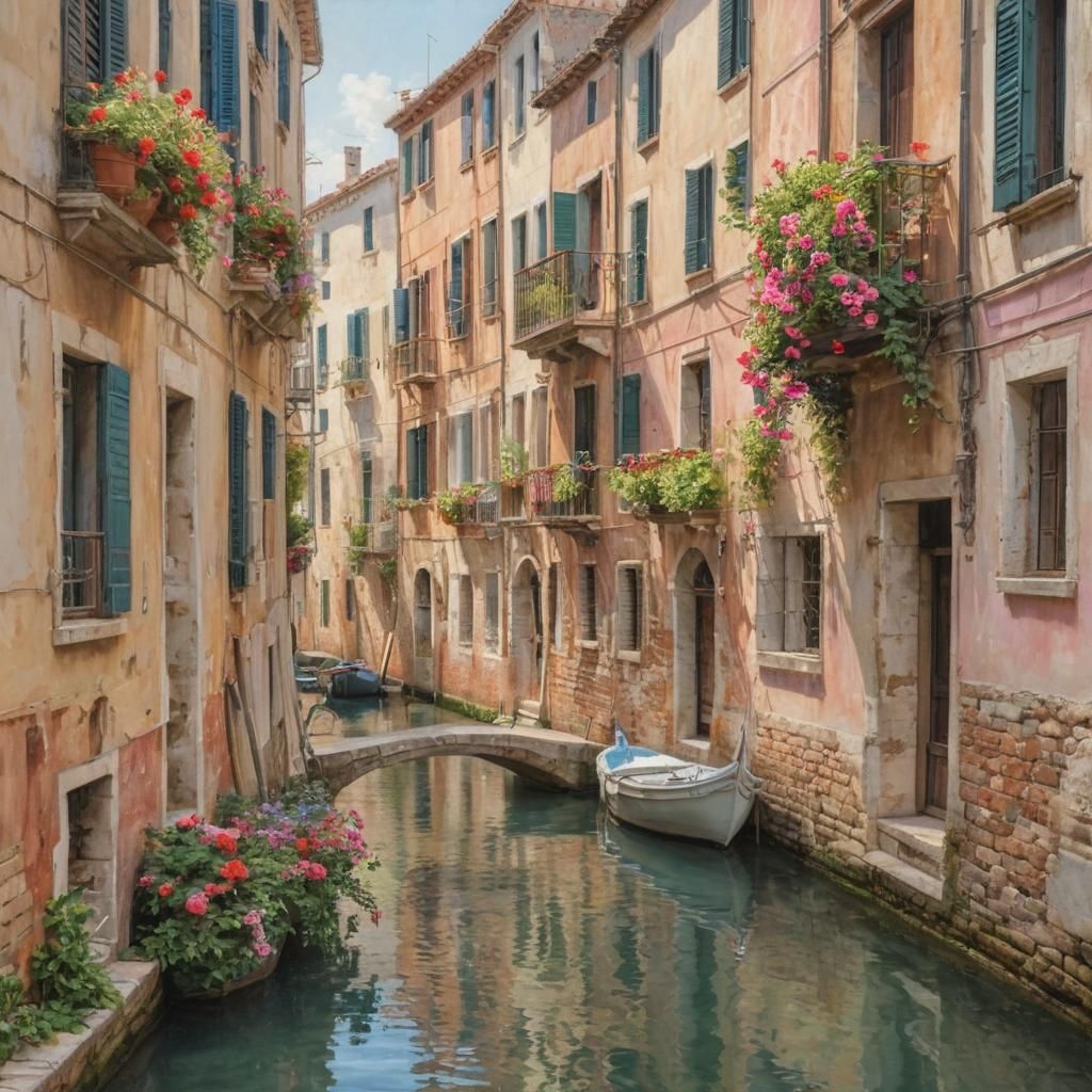 Sunlit Mediterranean Canal Scene as Impressionist Painting