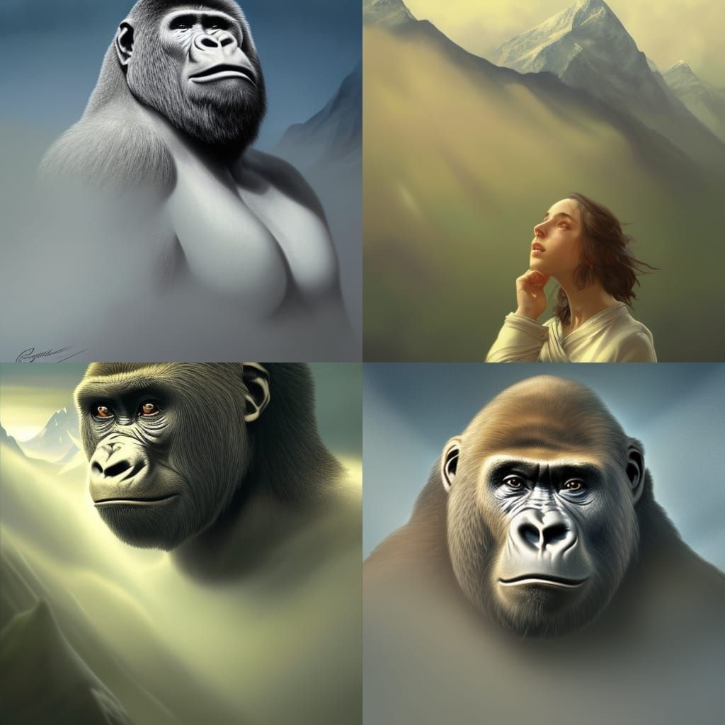Hyperrealistic Gorilla Portrait with Mountain Mists